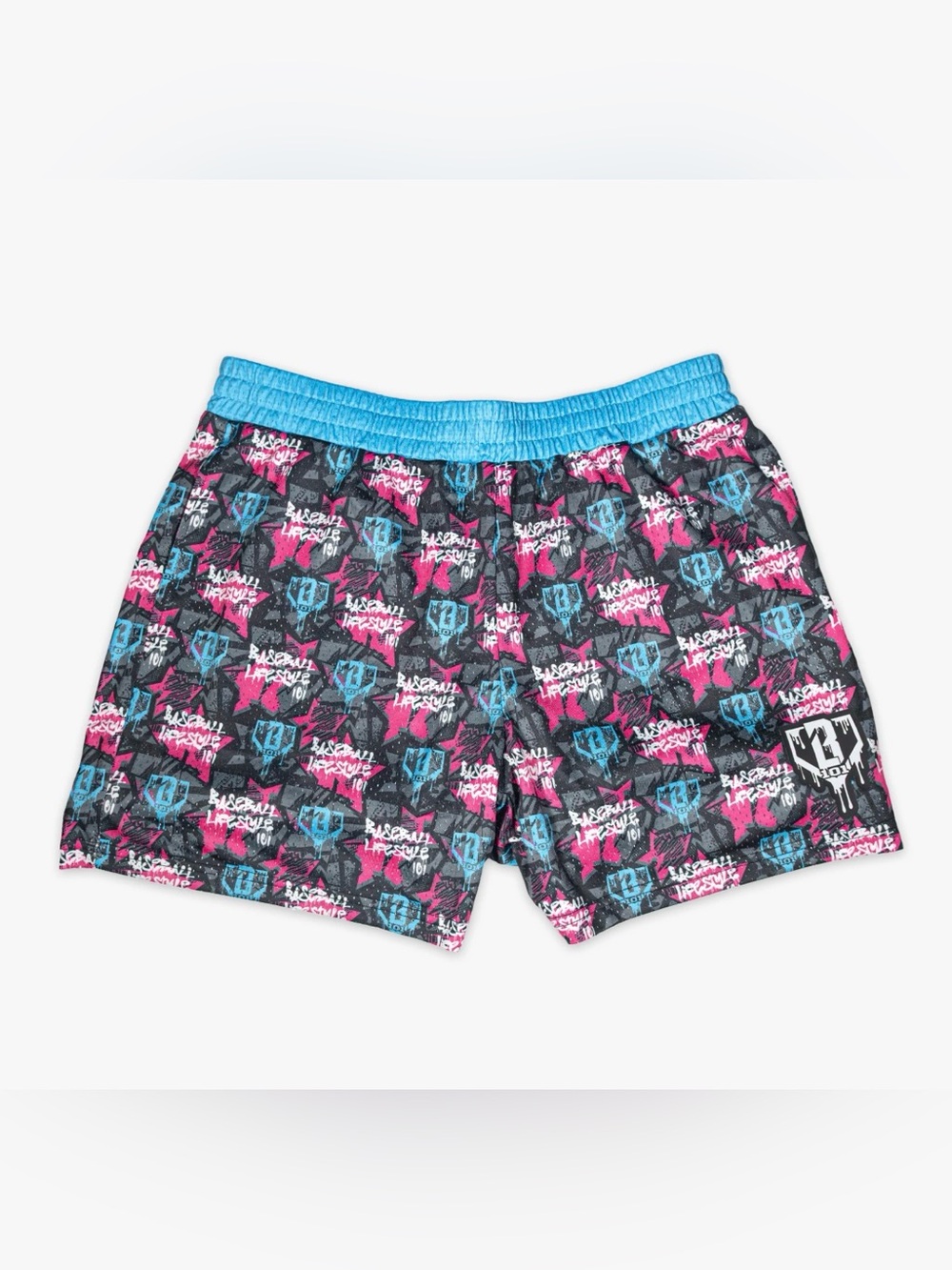 Active Shorts with Blue Waistband and Pink/Black Graphic Print - Picture 3 of 8
